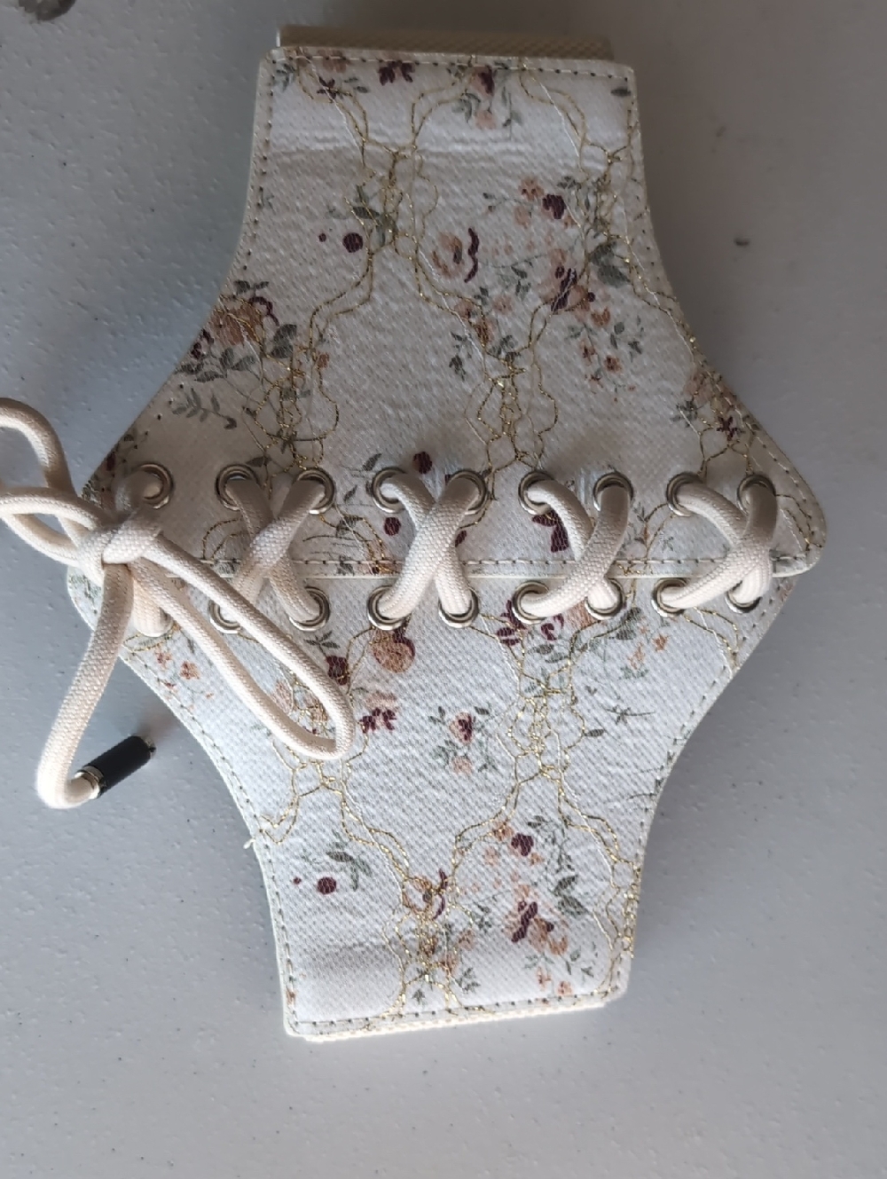 Floral Lace-Up Corset Belt in Cream with Gold Accents